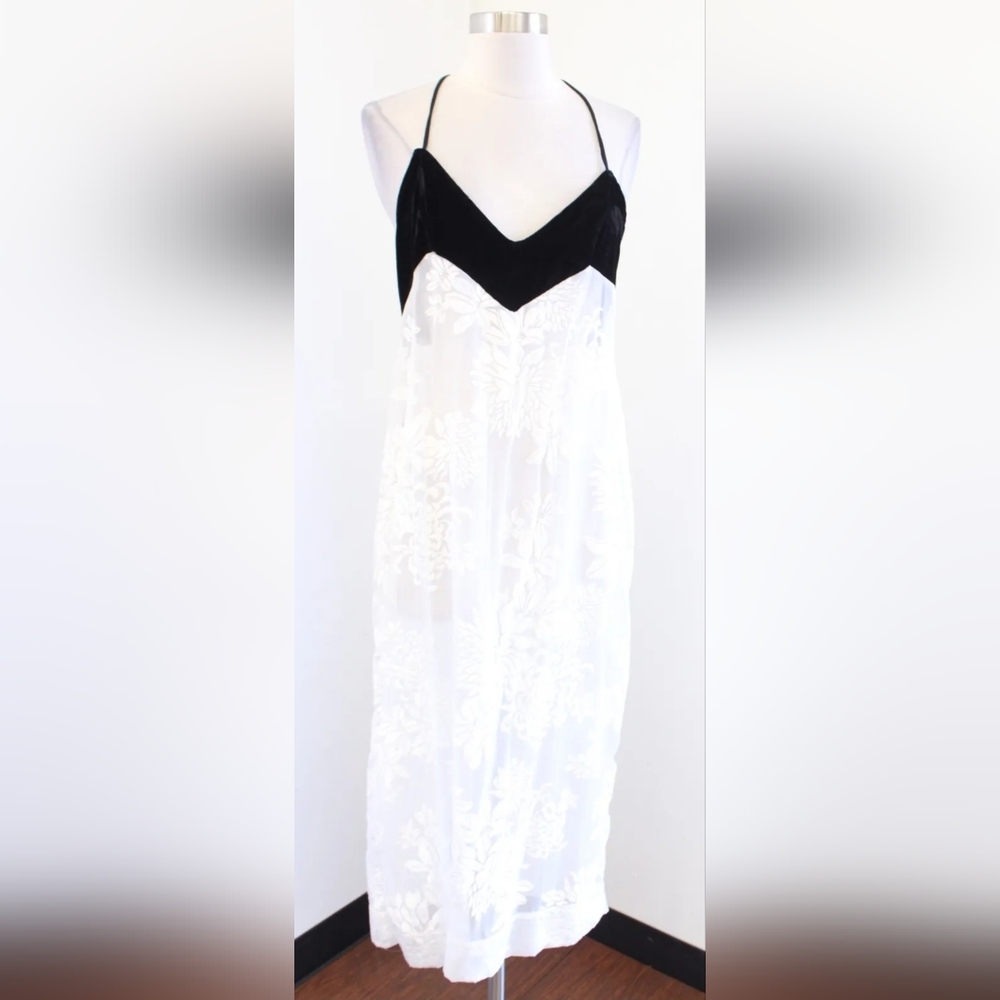 Free People Love All Day Black White Burnout Velvet Floral Maxi Slip Dress Sz M